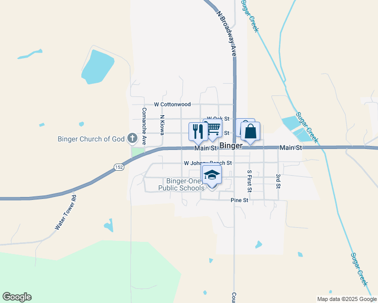 map of restaurants, bars, coffee shops, grocery stores, and more near 320 Main Street in Binger