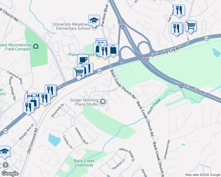 map of restaurants, bars, coffee shops, grocery stores, and more near 1889 Forest Side Lane in Charlotte