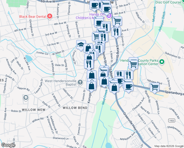 map of restaurants, bars, coffee shops, grocery stores, and more near 522 Kanuga Road in Hendersonville