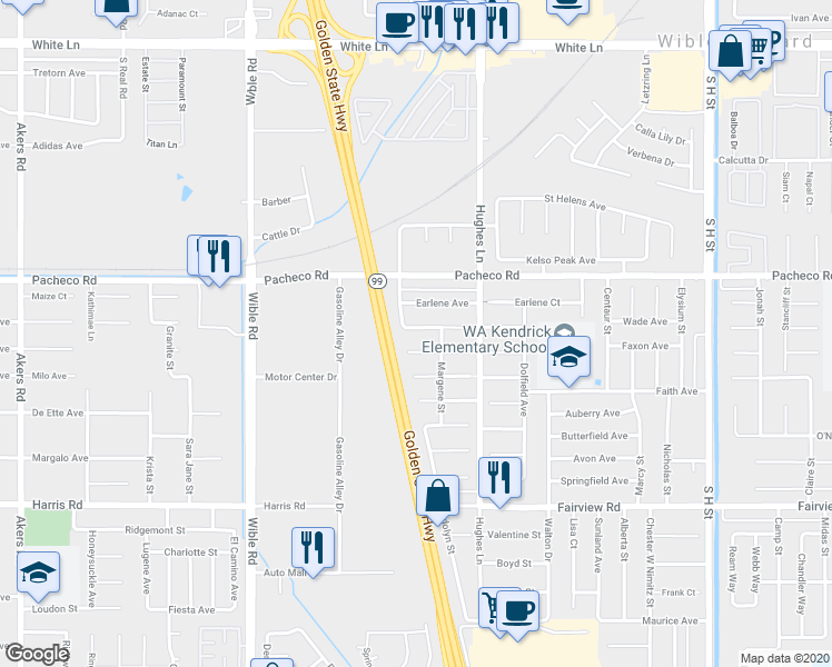 map of restaurants, bars, coffee shops, grocery stores, and more near 2617 Connie Avenue in Bakersfield