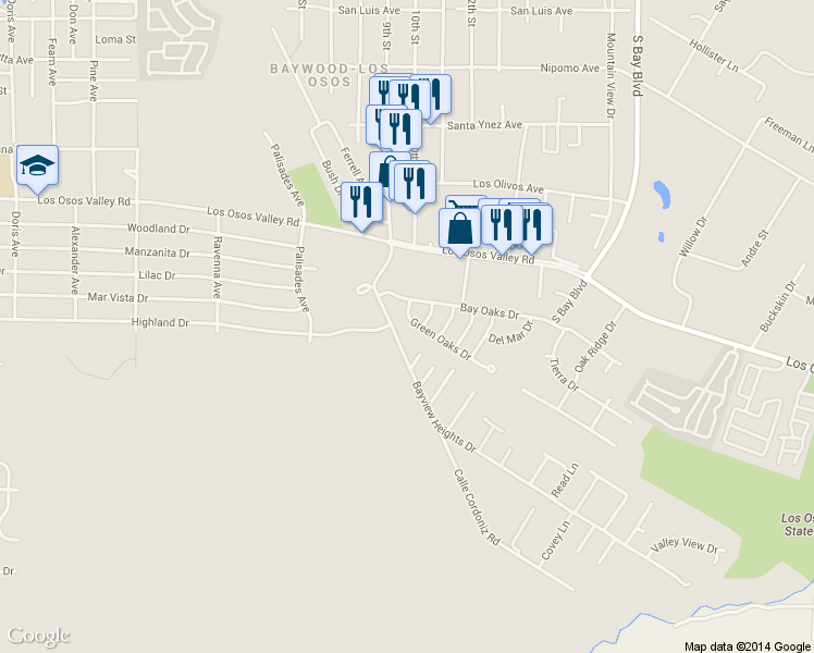 map of restaurants, bars, coffee shops, grocery stores, and more near 1035 Green Oaks Drive in Baywood-Los Osos
