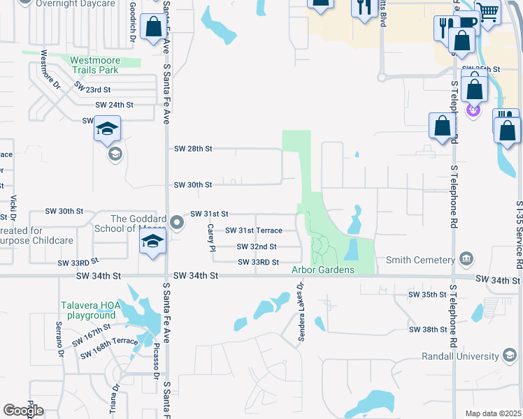 map of restaurants, bars, coffee shops, grocery stores, and more near 1637 Southwest 31st Street in Moore
