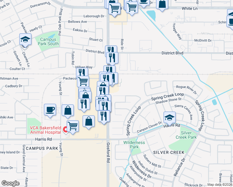 map of restaurants, bars, coffee shops, grocery stores, and more near 8004 River Mist Avenue in Bakersfield