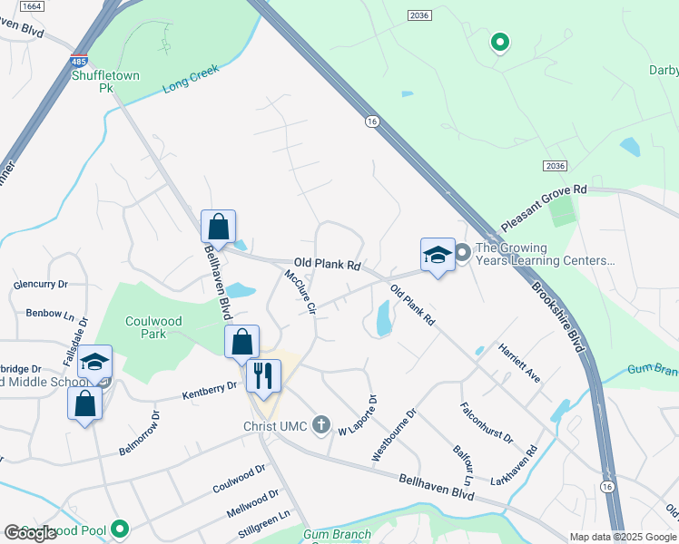 map of restaurants, bars, coffee shops, grocery stores, and more near 8537 Old Plank Road in Charlotte