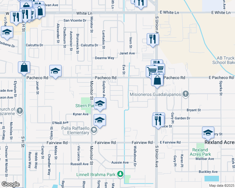 map of restaurants, bars, coffee shops, grocery stores, and more near 601 Pacheco Road in Bakersfield