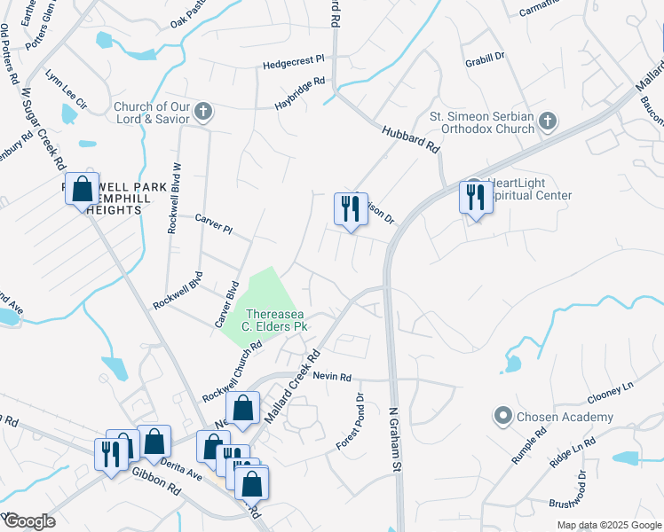 map of restaurants, bars, coffee shops, grocery stores, and more near 6523 Mallard Park Drive in Charlotte