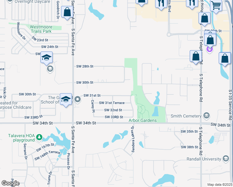 map of restaurants, bars, coffee shops, grocery stores, and more near 1637 Southwest 31st Street in Moore