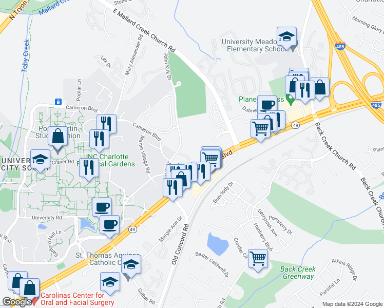 map of restaurants, bars, coffee shops, grocery stores, and more near 9515 University Terrace Drive in Charlotte
