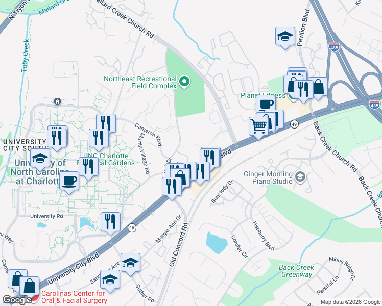 map of restaurants, bars, coffee shops, grocery stores, and more near 9515 University Terrace Drive in Charlotte