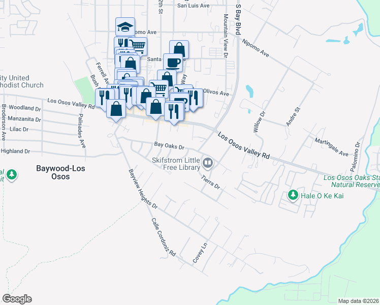 map of restaurants, bars, coffee shops, grocery stores, and more near 1299 Bay Oaks Drive in Baywood-Los Osos