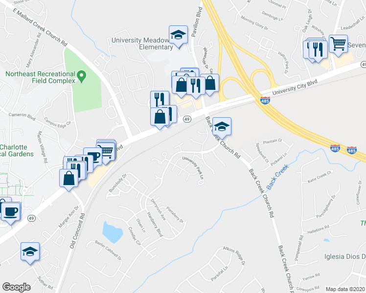 map of restaurants, bars, coffee shops, grocery stores, and more near 10150 Forest Landing Drive in Charlotte