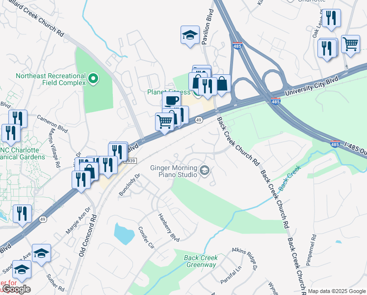 map of restaurants, bars, coffee shops, grocery stores, and more near 1826 Birch Heights Court in Charlotte