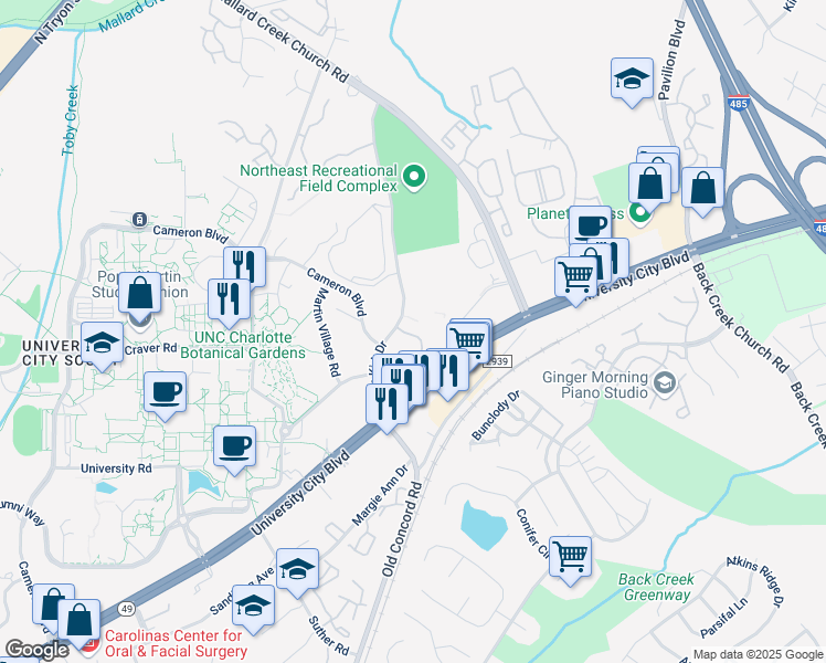 map of restaurants, bars, coffee shops, grocery stores, and more near 9515 University Terrace Drive in Charlotte