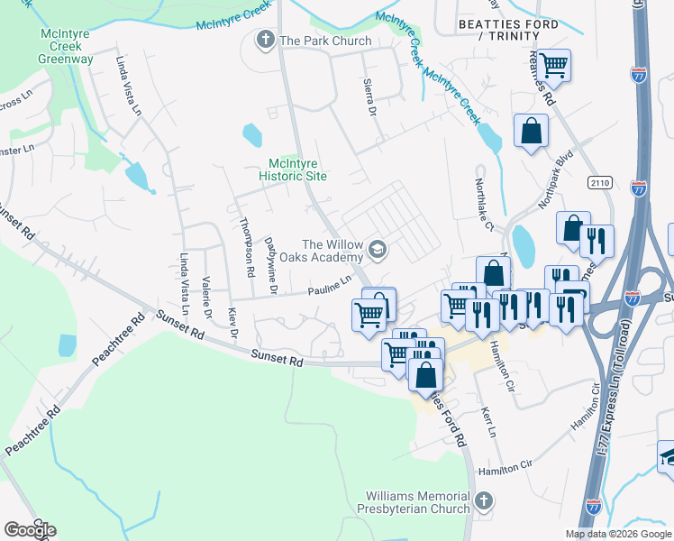 map of restaurants, bars, coffee shops, grocery stores, and more near 5501 Beatties Ford Road in Charlotte
