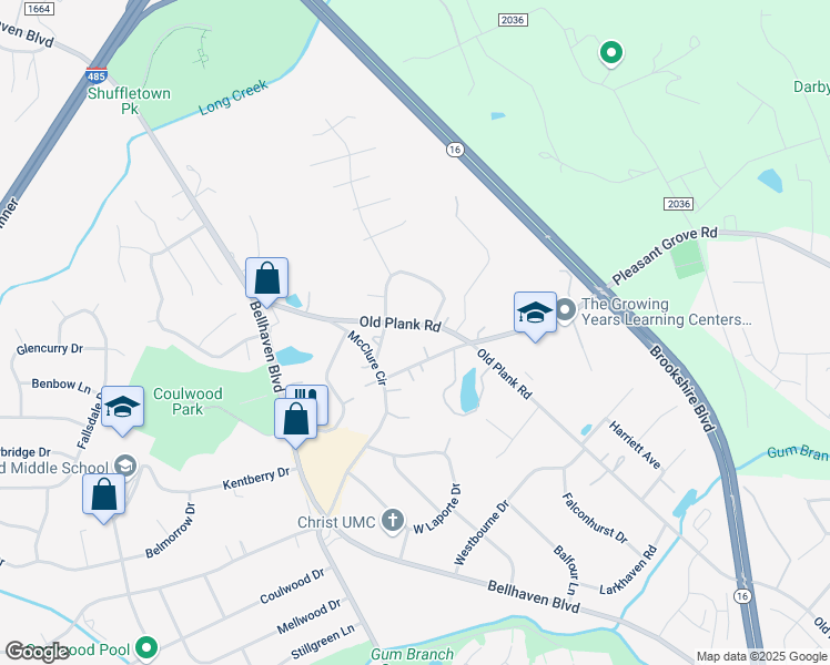 map of restaurants, bars, coffee shops, grocery stores, and more near 8537 Old Plank Road in Charlotte