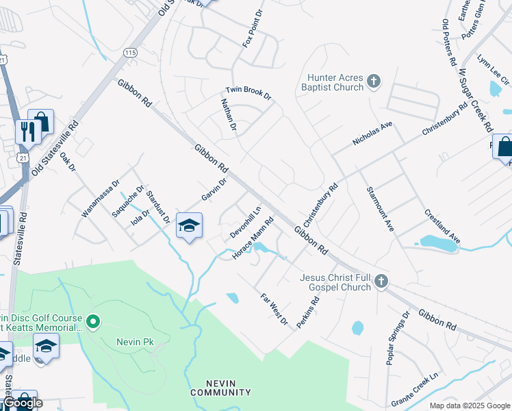 map of restaurants, bars, coffee shops, grocery stores, and more near 4131 Gibbon Road in Charlotte