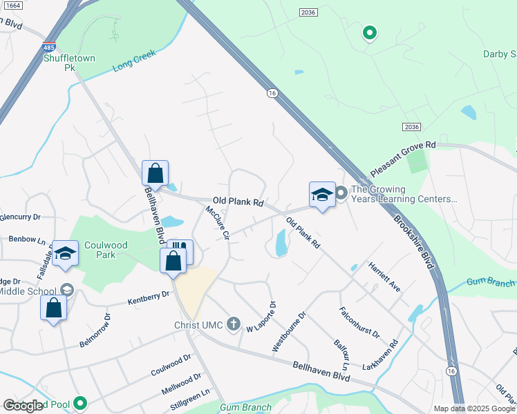map of restaurants, bars, coffee shops, grocery stores, and more near 8537 Old Plank Road in Charlotte