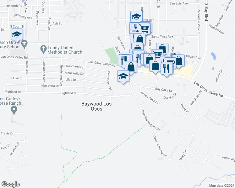 map of restaurants, bars, coffee shops, grocery stores, and more near 836 Highland Drive in Baywood-Los Osos