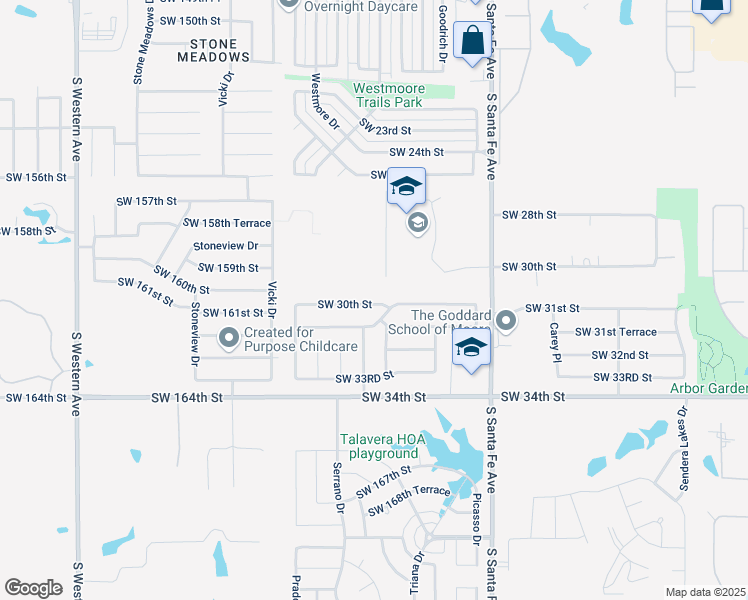 map of restaurants, bars, coffee shops, grocery stores, and more near 202 Oak Drive in Moore