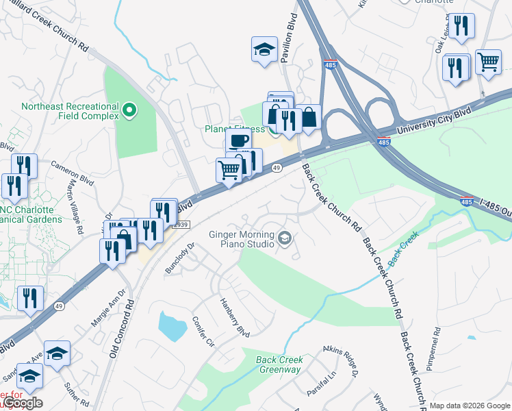 map of restaurants, bars, coffee shops, grocery stores, and more near 1826 Birch Heights Court in Charlotte