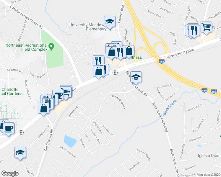map of restaurants, bars, coffee shops, grocery stores, and more near Birch Heights Court in Charlotte