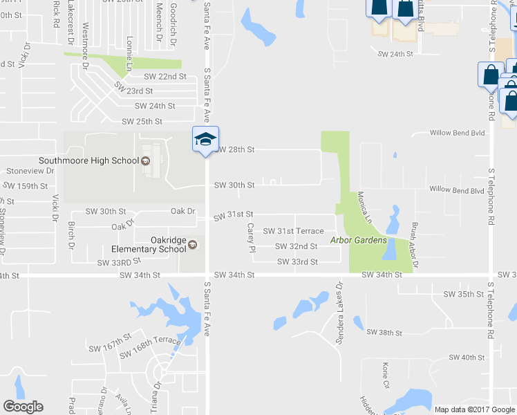 map of restaurants, bars, coffee shops, grocery stores, and more near 1741 Southwest 31st Street in Moore