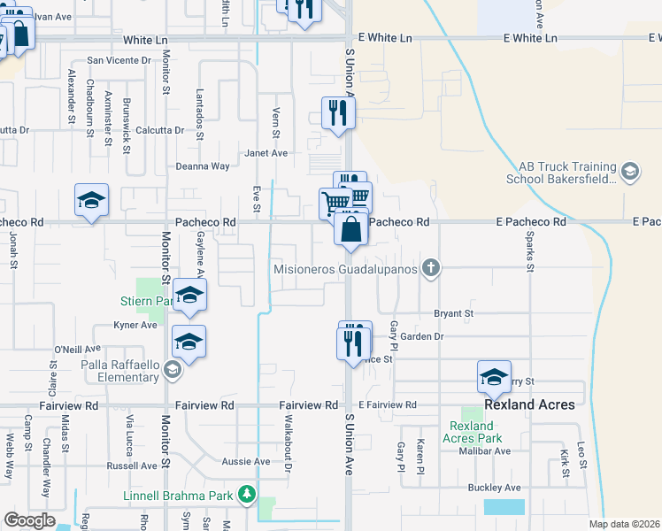 map of restaurants, bars, coffee shops, grocery stores, and more near 200 Lois Lane in Bakersfield