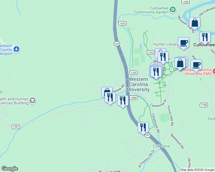map of restaurants, bars, coffee shops, grocery stores, and more near 52 Briar Patch Rd. in Cullowhee