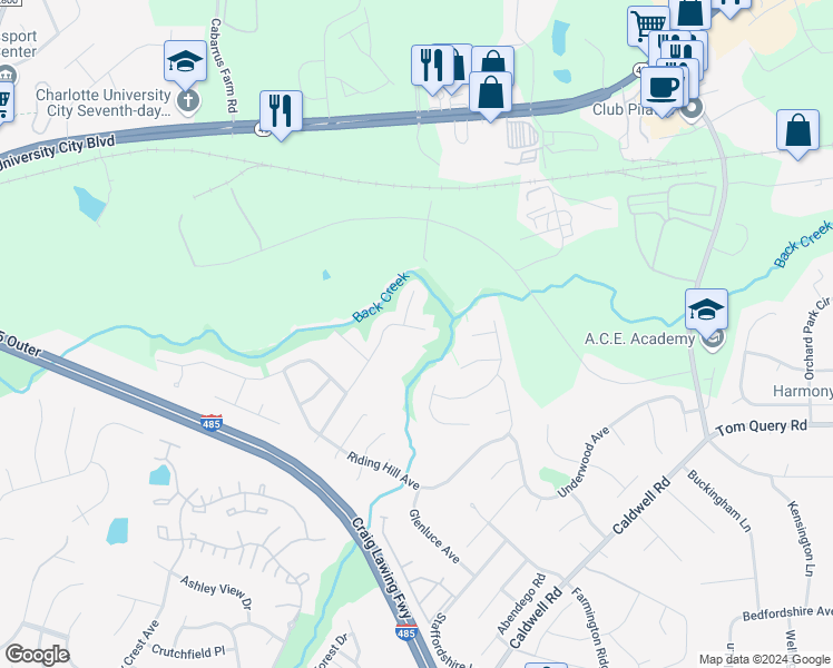 map of restaurants, bars, coffee shops, grocery stores, and more near 4312 Houldsworth Drive in Charlotte