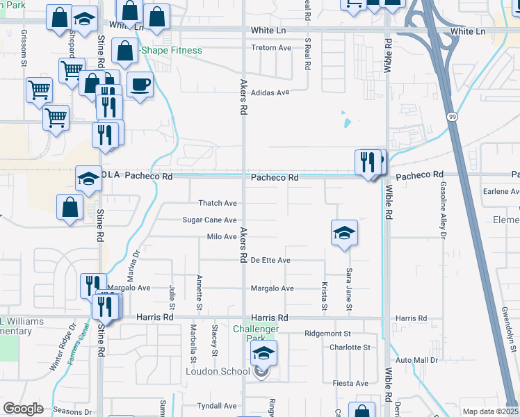 map of restaurants, bars, coffee shops, grocery stores, and more near 4101 Thatch Avenue in Bakersfield
