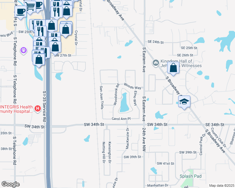 map of restaurants, bars, coffee shops, grocery stores, and more near 3116 Woodstock Road in Oklahoma City