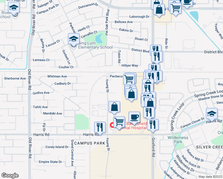 map of restaurants, bars, coffee shops, grocery stores, and more near 5100 Young Street in Bakersfield