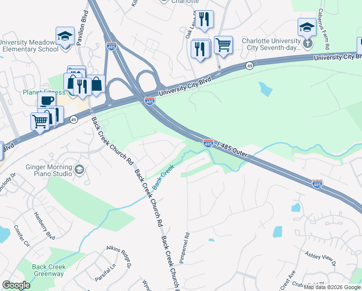 map of restaurants, bars, coffee shops, grocery stores, and more near 10618 Pickerel Lane in Charlotte