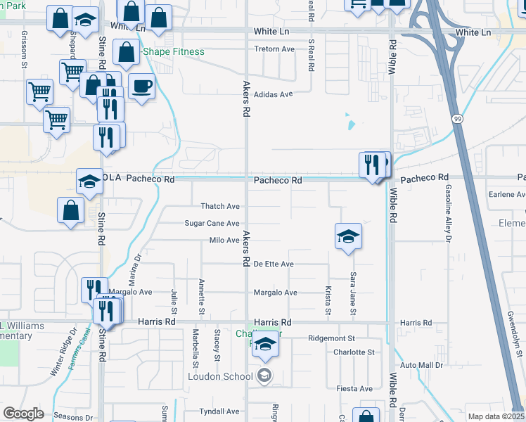 map of restaurants, bars, coffee shops, grocery stores, and more near 4101 Thatch Avenue in Bakersfield