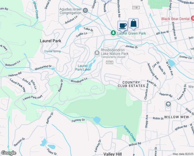 map of restaurants, bars, coffee shops, grocery stores, and more near 607 Woodbyne Lane in Laurel Park