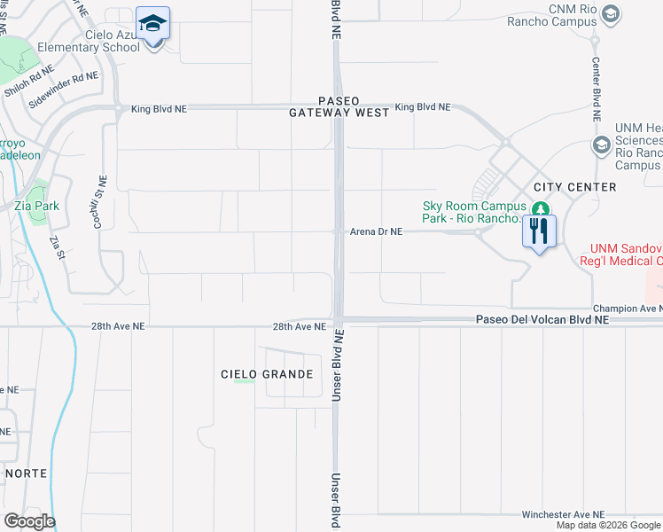 map of restaurants, bars, coffee shops, grocery stores, and more near Venue Avenue Northeast in Rio Rancho