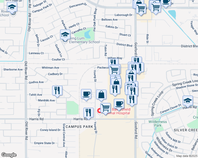 map of restaurants, bars, coffee shops, grocery stores, and more near 5100 Young Street in Bakersfield