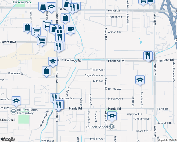 map of restaurants, bars, coffee shops, grocery stores, and more near 4328 Sugar Cane Avenue in Bakersfield