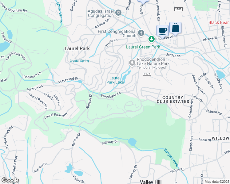 map of restaurants, bars, coffee shops, grocery stores, and more near 45 Lake Drive in Laurel Park