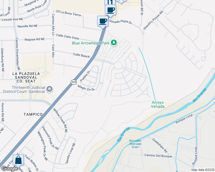 map of restaurants, bars, coffee shops, grocery stores, and more near 1101 Desert Willow Court in Bernalillo