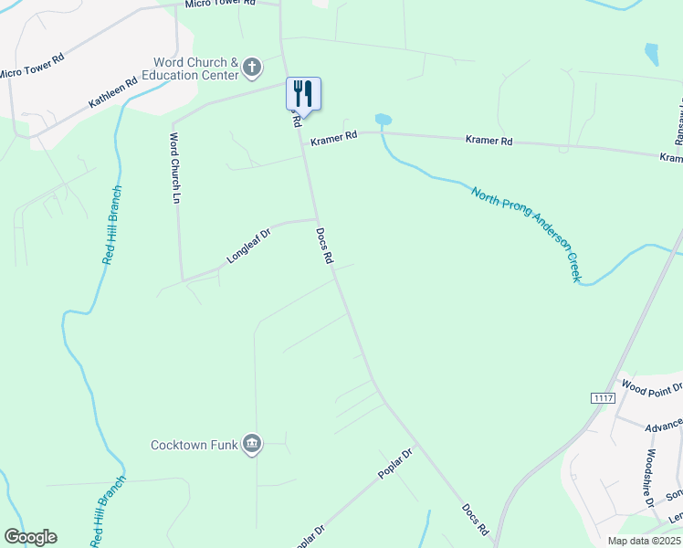 map of restaurants, bars, coffee shops, grocery stores, and more near 16 Morrisday Lane in Lillington