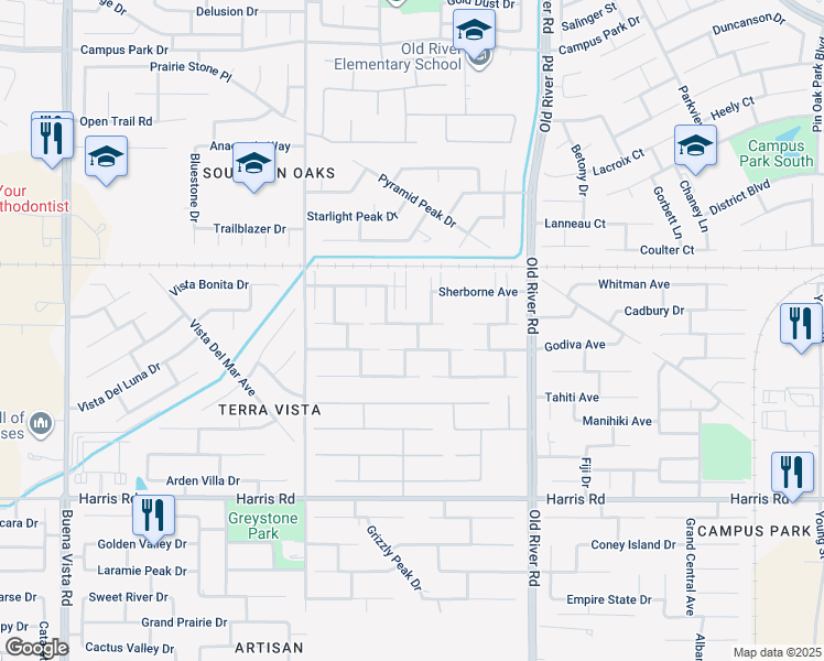 map of restaurants, bars, coffee shops, grocery stores, and more near 10101 Saint Albans Avenue in Bakersfield