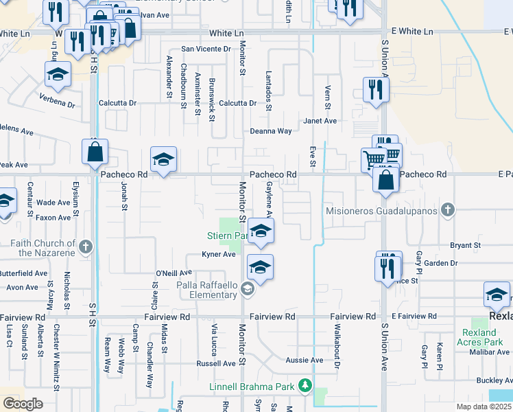 map of restaurants, bars, coffee shops, grocery stores, and more near 5016 Yellow Rose Court in Bakersfield