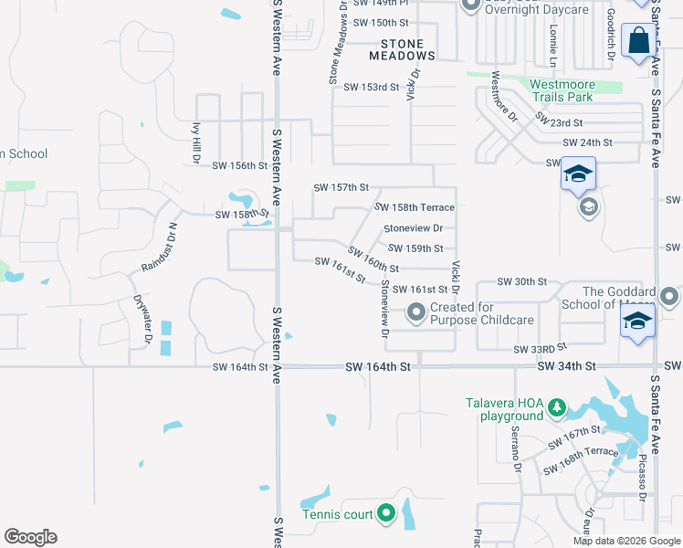 map of restaurants, bars, coffee shops, grocery stores, and more near 700 Southwest 161st Street in Oklahoma City