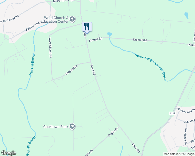 map of restaurants, bars, coffee shops, grocery stores, and more near 16 Morrisday Lane in Lillington