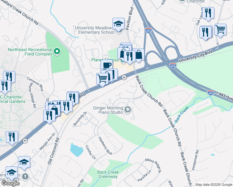 map of restaurants, bars, coffee shops, grocery stores, and more near 1826 Birch Heights Court in Charlotte