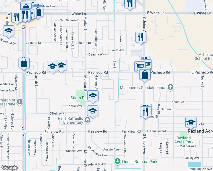 map of restaurants, bars, coffee shops, grocery stores, and more near El Pueblo Road in Bakersfield