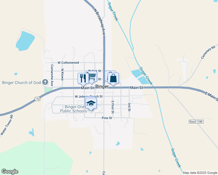 map of restaurants, bars, coffee shops, grocery stores, and more near Main Street in Binger