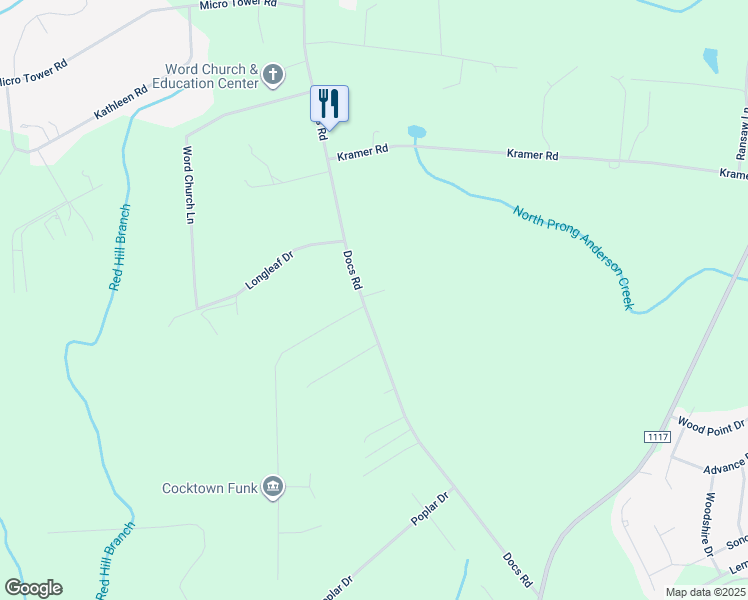 map of restaurants, bars, coffee shops, grocery stores, and more near 16 Morrisday Lane in Lillington
