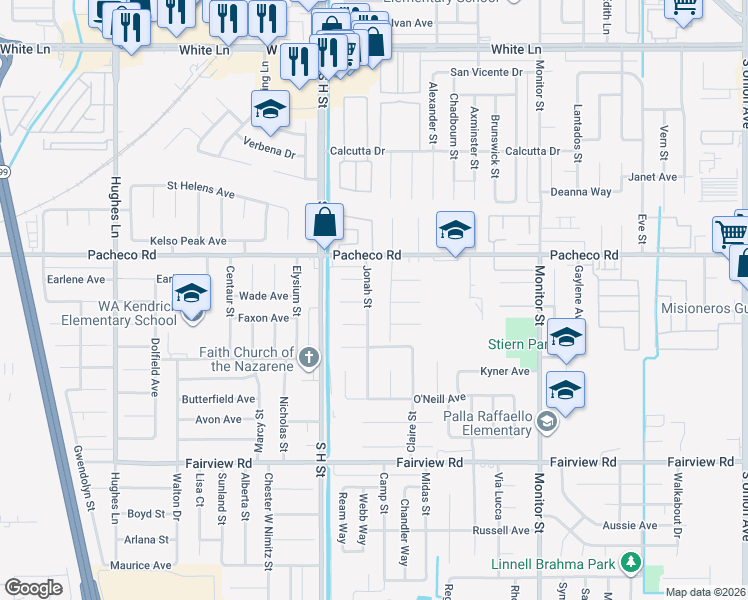 map of restaurants, bars, coffee shops, grocery stores, and more near 5016 Jonah Street in Bakersfield